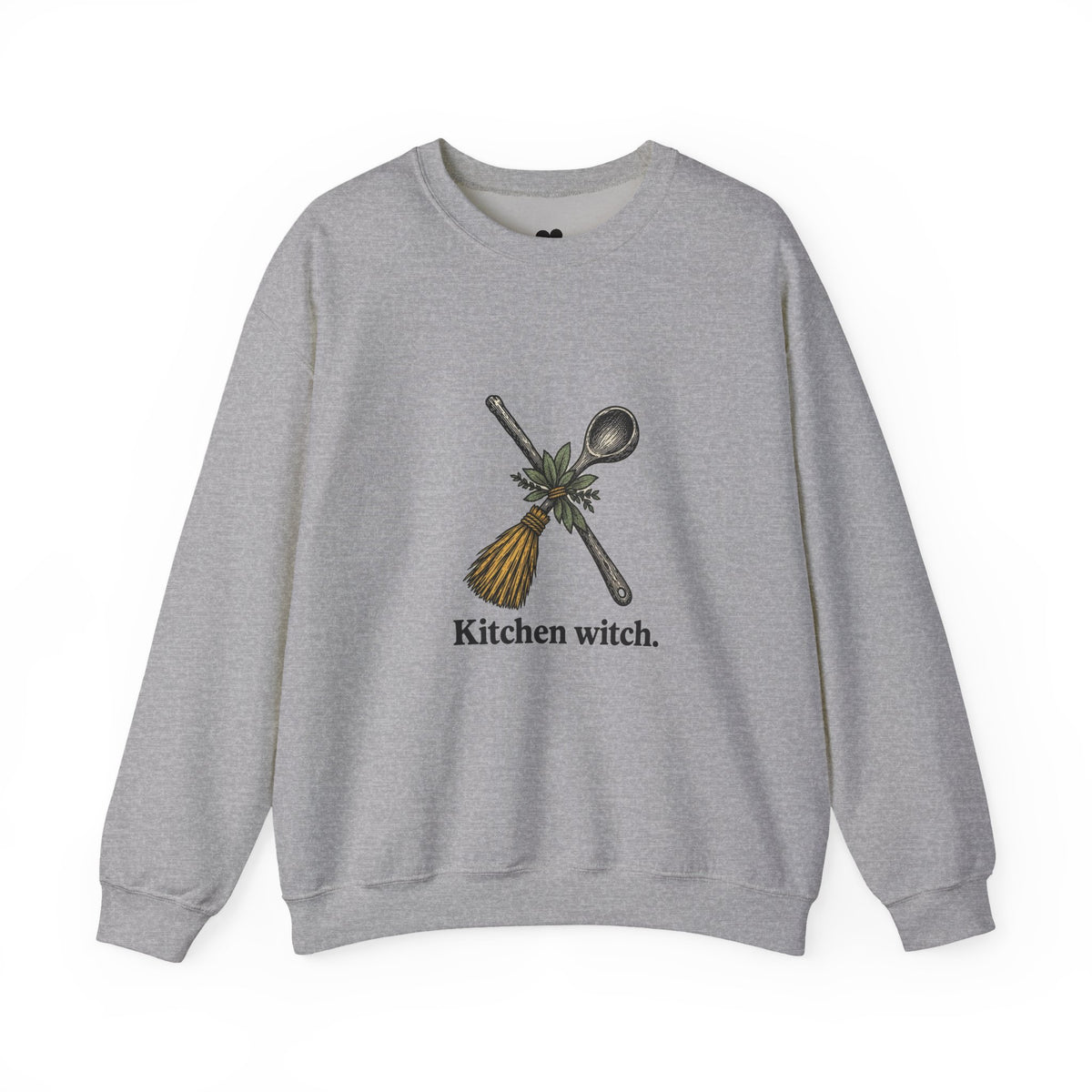 Kitchen Witch sweatshirt in Sport Grey, front view with “Kitchen witch.” chest print