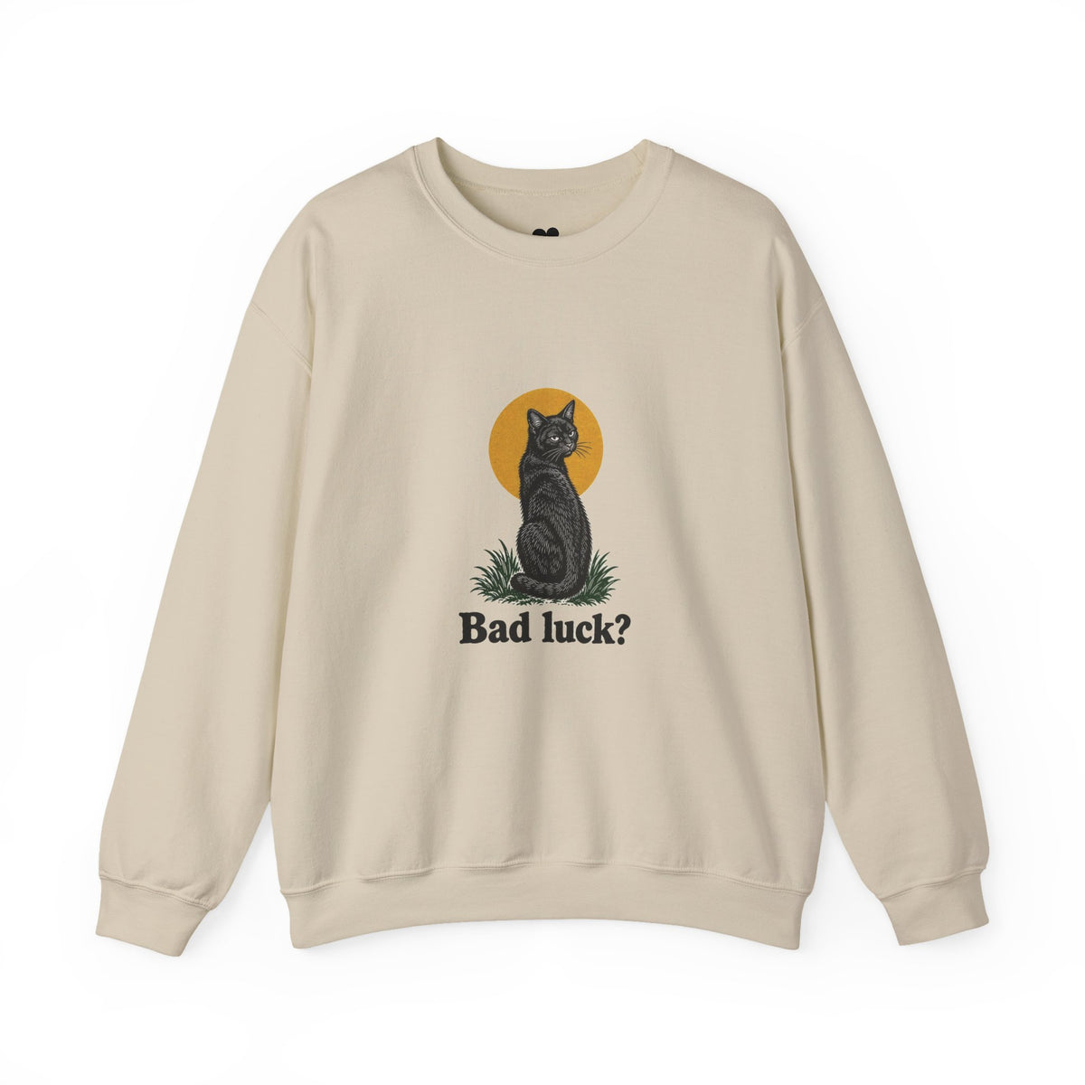 Bad Luck? black cat sweatshirt in Sand, front view with “Bad luck?” chest print
