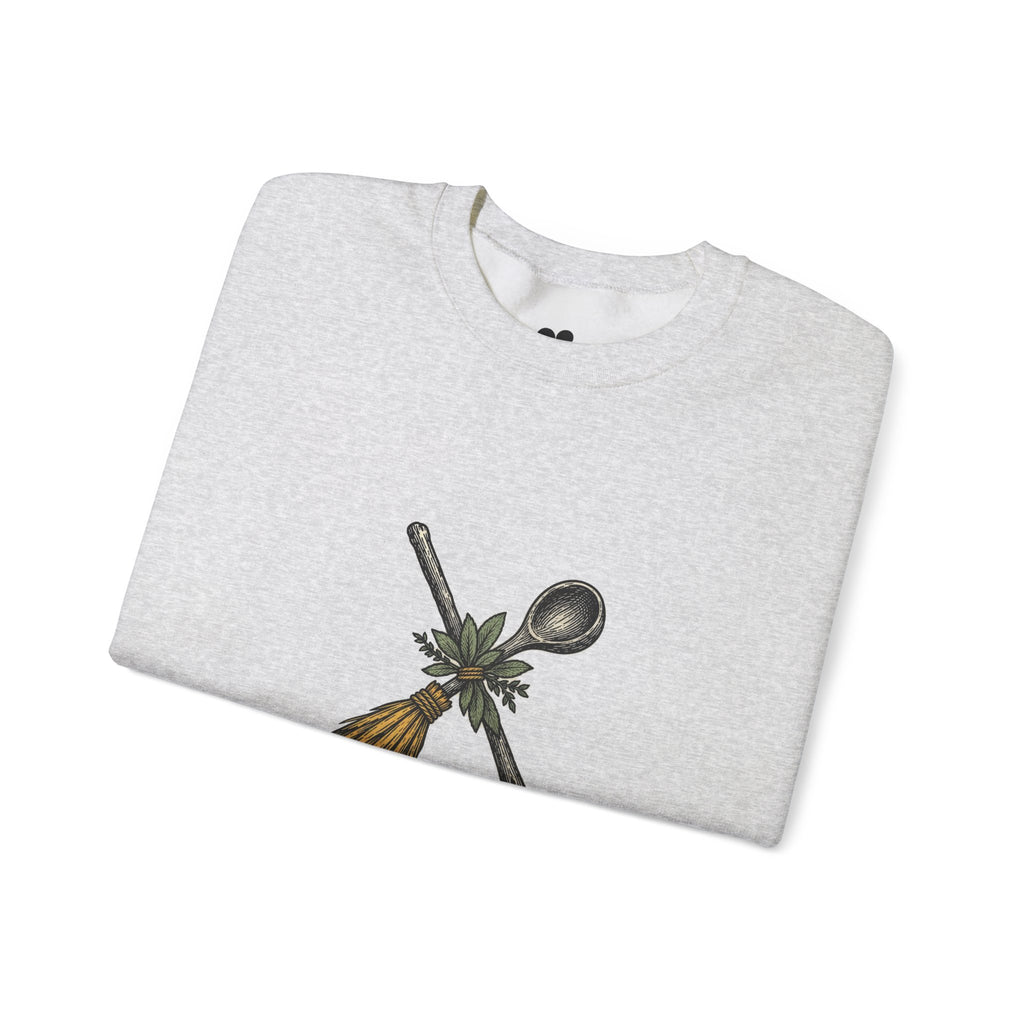 Ash Kitchen Witch sweatshirt, two-sided crewneck by Kindred Oddities, alternate view