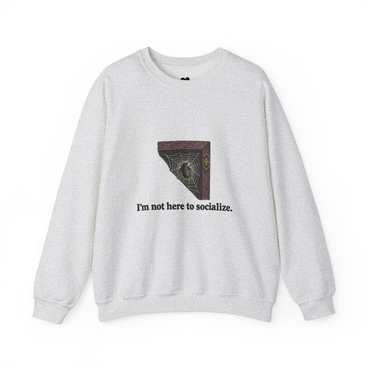 I'm Not Here to Socialize spider sweatshirt in Ash, front view with “I'm not here to socialize.” chest print