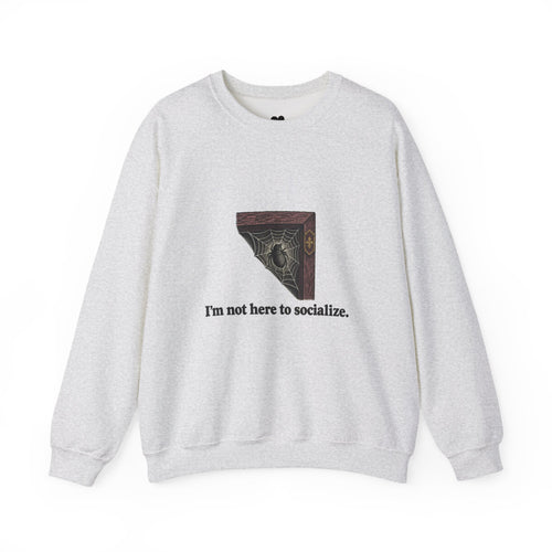 I'm Not Here to Socialize spider sweatshirt in Ash, front view with “I'm not here to socialize.” chest print