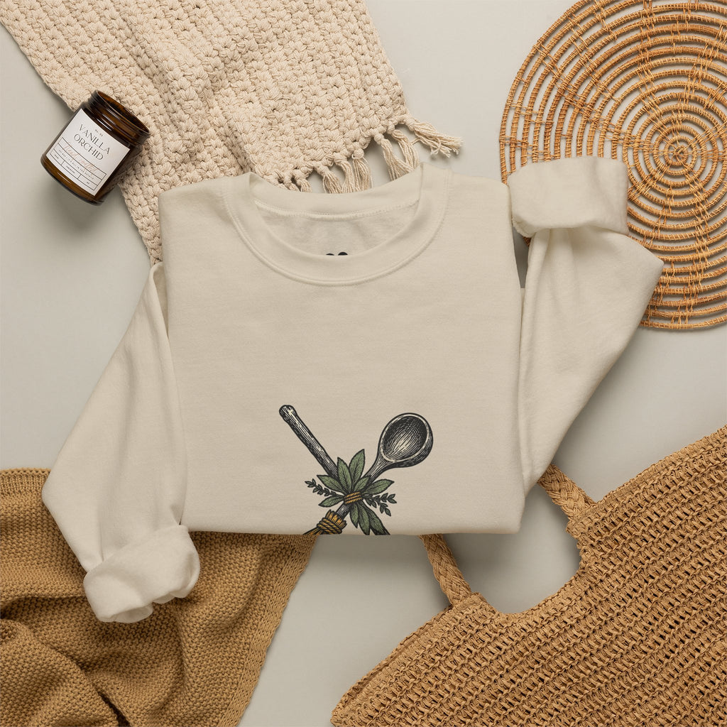 Model wearing the Sand Kitchen Witch sweatshirt, two-sided crewneck by Kindred Oddities