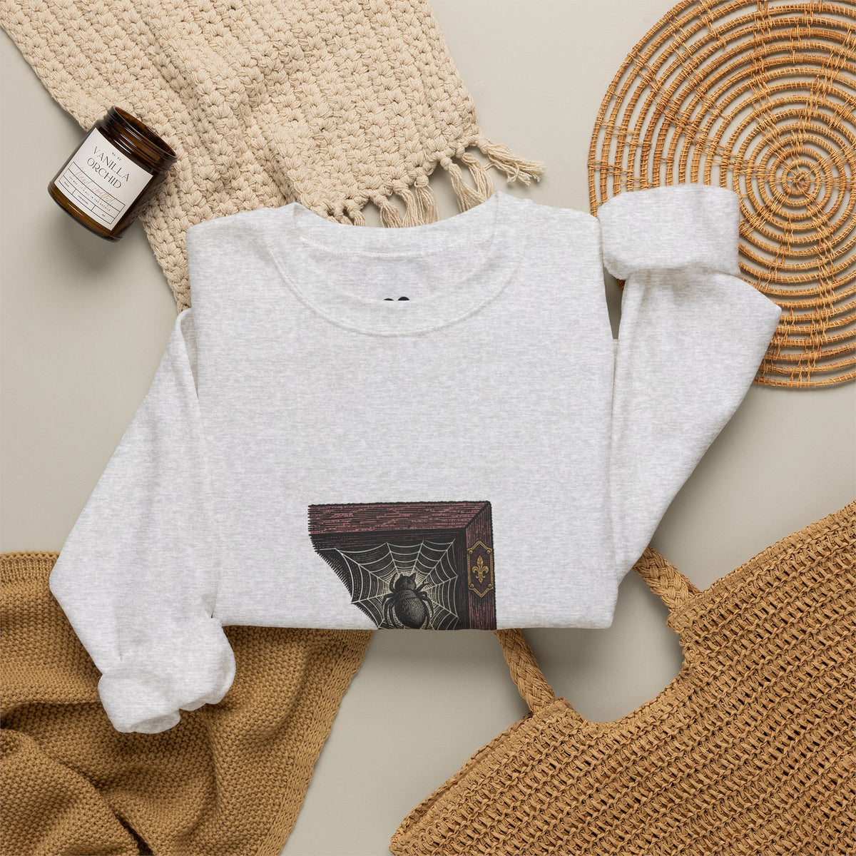 Model wearing the Ash I'm Not Here to Socialize spider sweatshirt, two-sided crewneck by Kindred Oddities