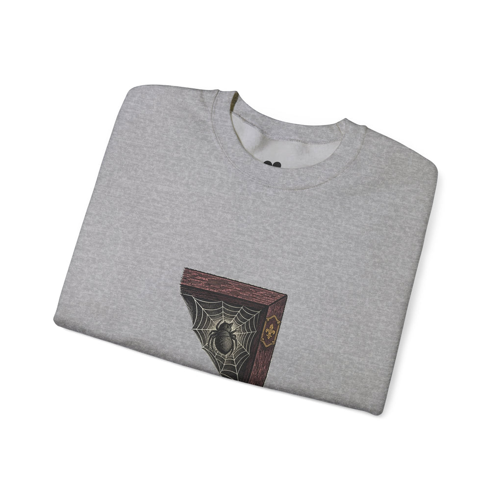 Sport Grey I'm Not Here to Socialize spider sweatshirt, two-sided crewneck by Kindred Oddities, alternate view