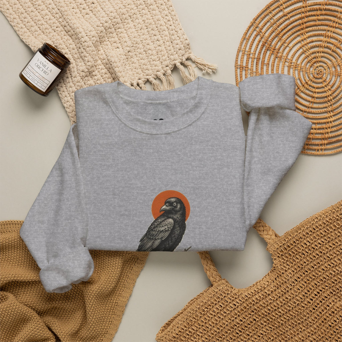 Model wearing the Sport Grey Proud Member of a Murder crow sweatshirt, two-sided crewneck by Kindred Oddities