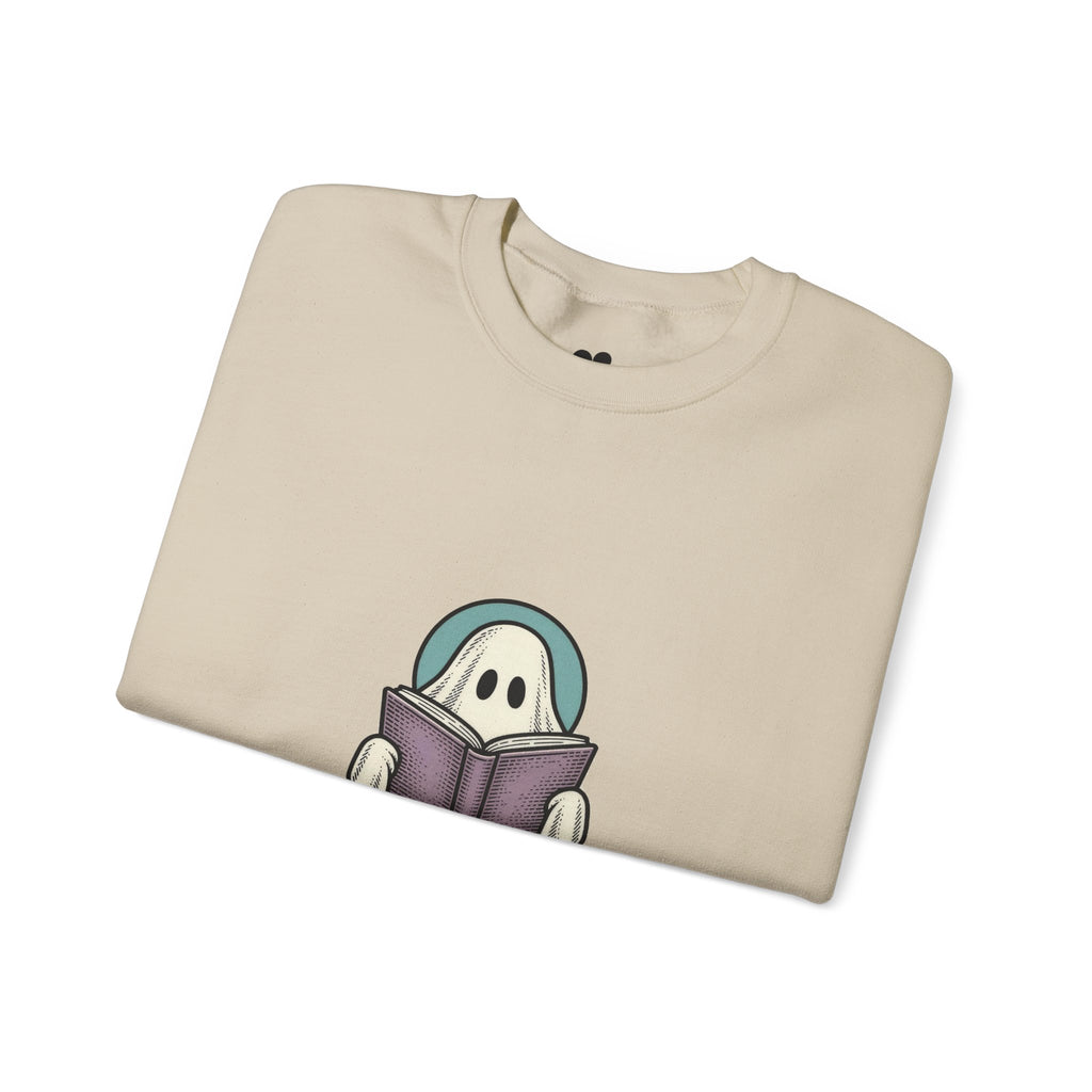 Sand I'm Not Ignoring You ghost sweatshirt folded, showing the ghost peeking over a book