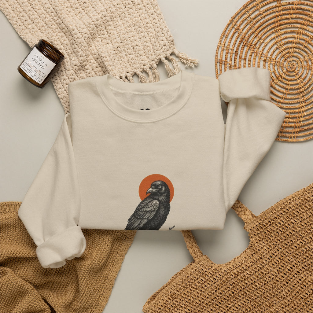 Model wearing the Sand Proud Member of a Murder crow sweatshirt, two-sided crewneck by Kindred Oddities
