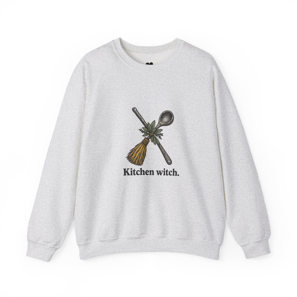 Kitchen Witch sweatshirt in Ash, front view with “Kitchen witch.” chest print