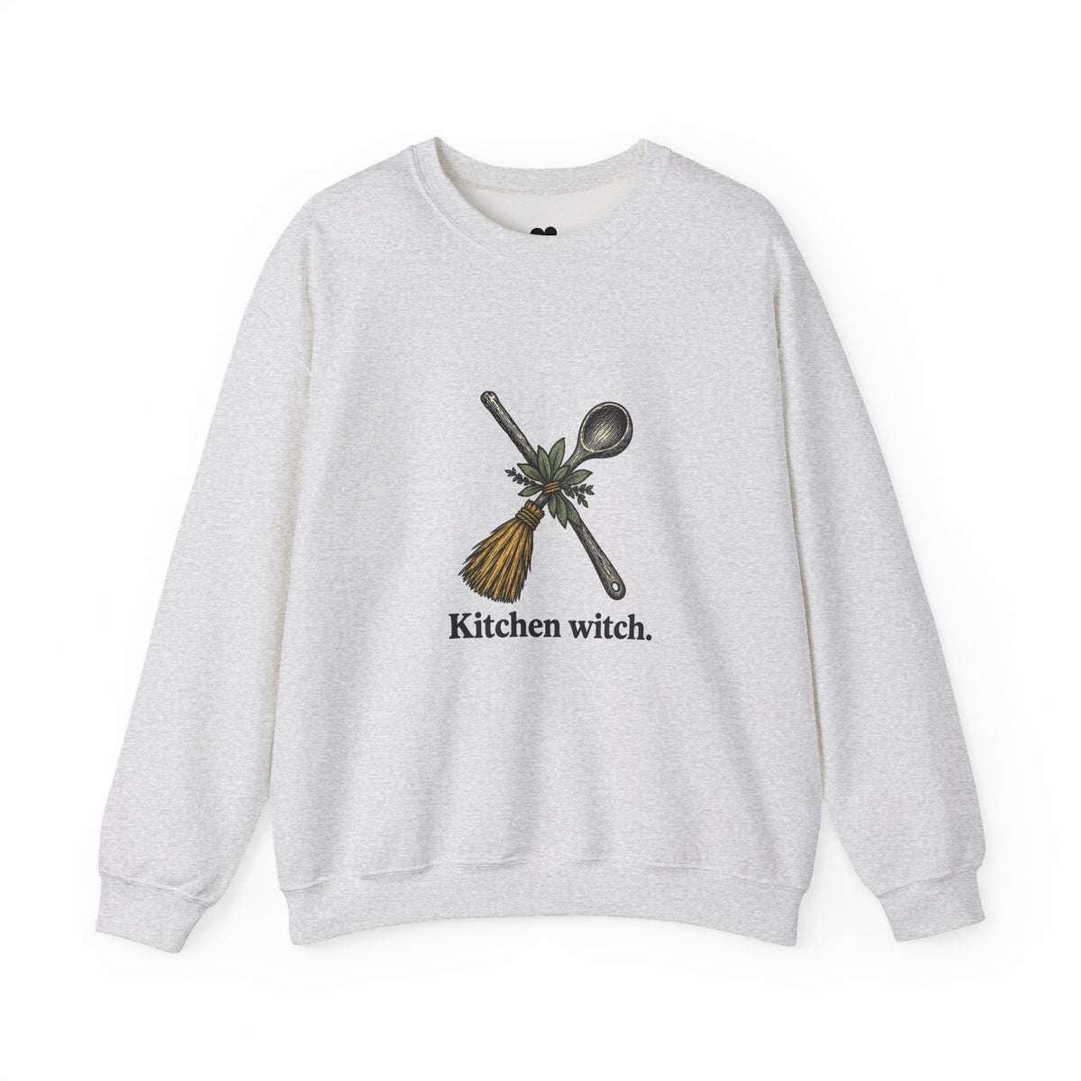 Kitchen Witch sweatshirt in Ash, front view with “Kitchen witch.” chest print