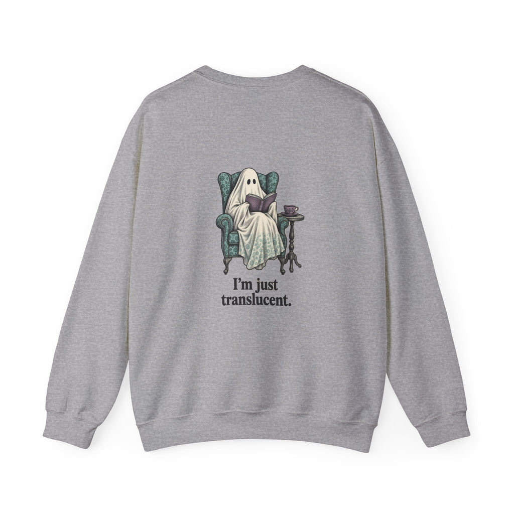Back of the Sport Grey I'm Not Ignoring You ghost sweatshirt showing a ghost reading in a wingback armchair and “I'm just translucent.”