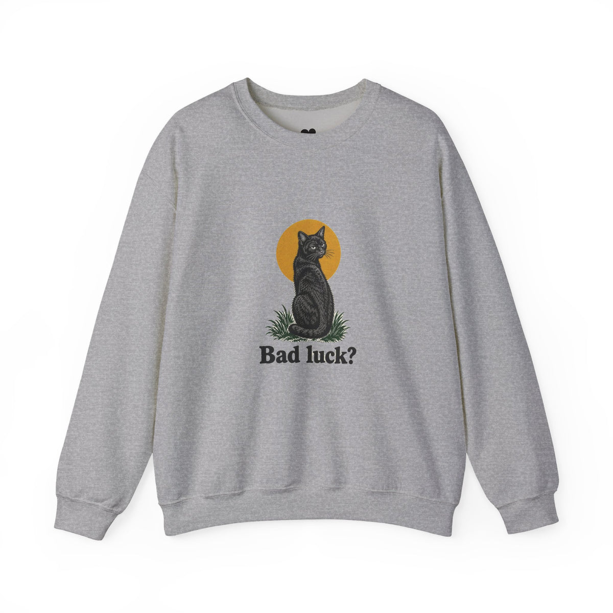 Bad Luck? black cat sweatshirt in Sport Grey, front view with “Bad luck?” chest print