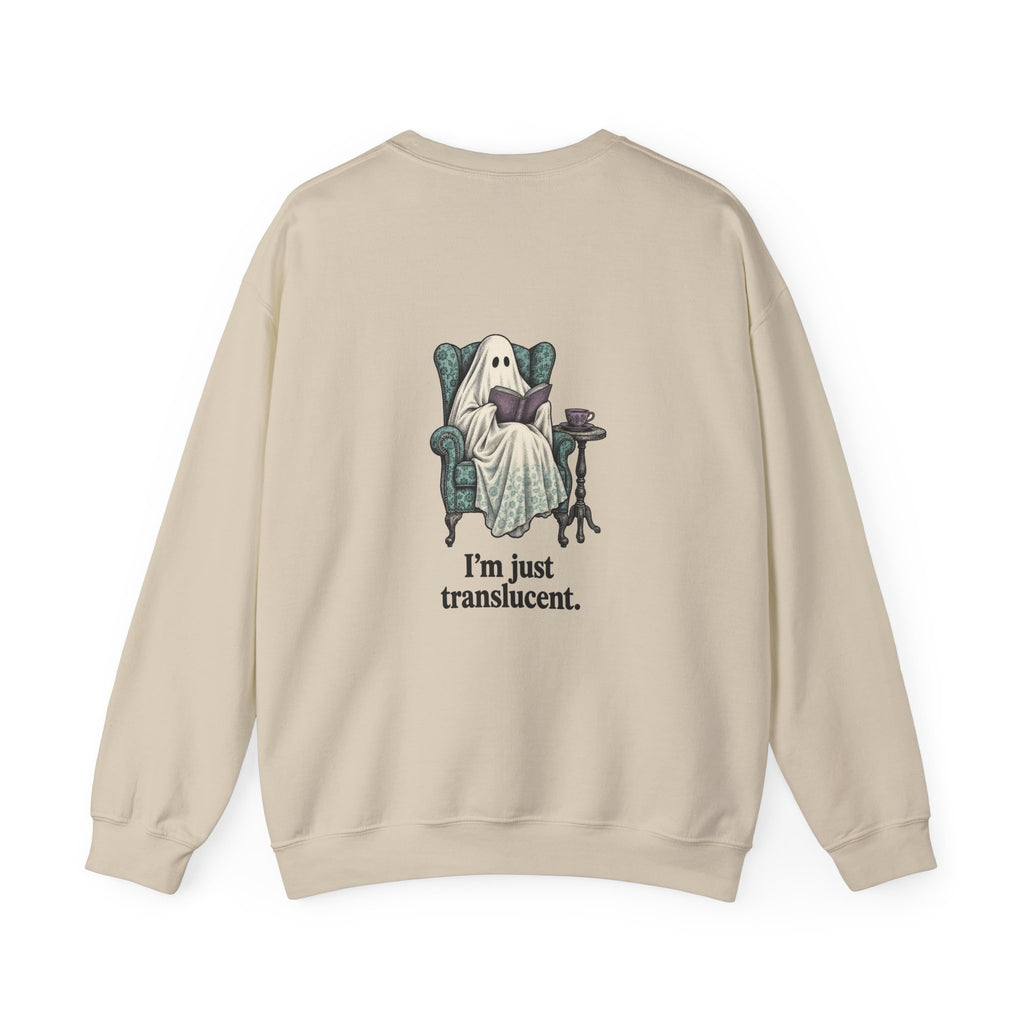 Back of the Sand I'm Not Ignoring You ghost sweatshirt showing a ghost reading in a wingback armchair and “I'm just translucent.”