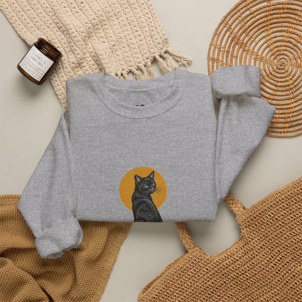 Model wearing the Sport Grey Bad Luck? black cat sweatshirt, two-sided crewneck by Kindred Oddities
