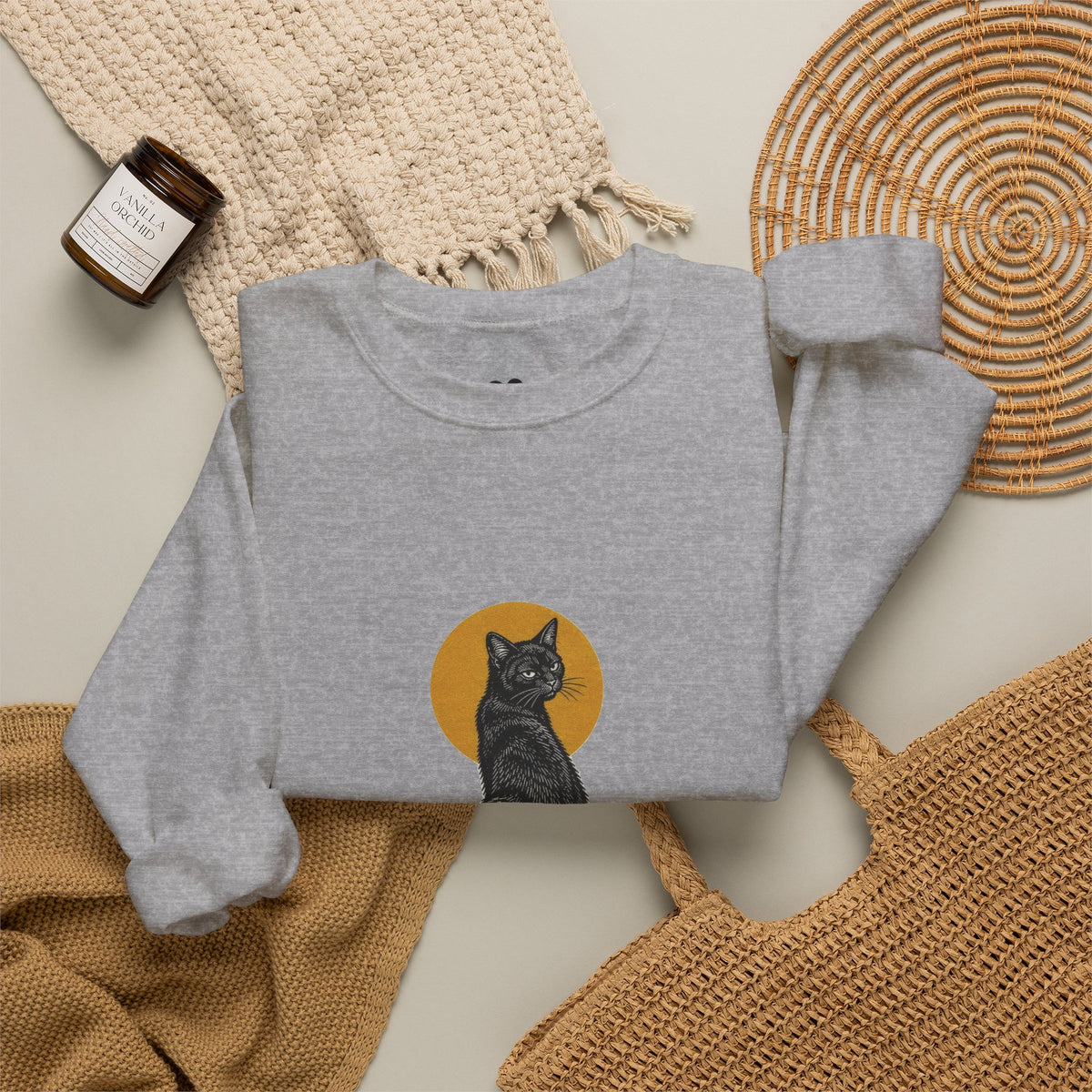 Model wearing the Sport Grey Bad Luck? black cat sweatshirt, two-sided crewneck by Kindred Oddities