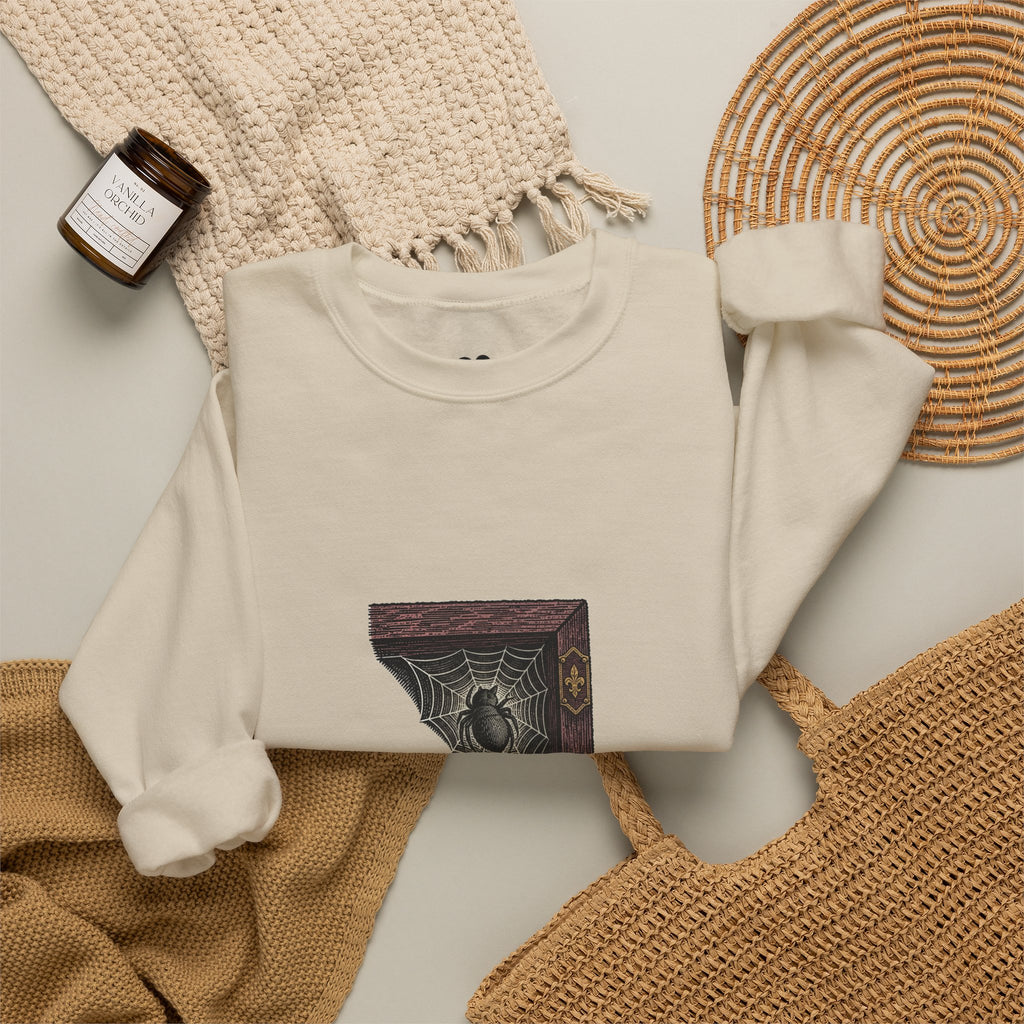 Model wearing the Sand I'm Not Here to Socialize spider sweatshirt, two-sided crewneck by Kindred Oddities