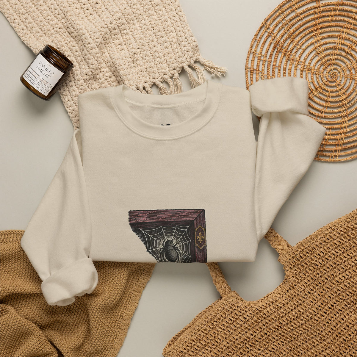 Model wearing the Sand I'm Not Here to Socialize spider sweatshirt, two-sided crewneck by Kindred Oddities