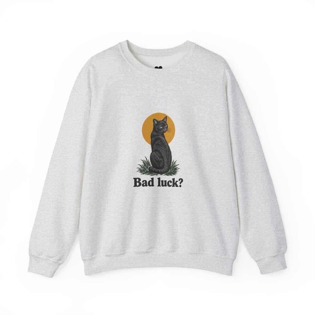 Bad Luck? black cat sweatshirt in Ash, front view with “Bad luck?” chest print