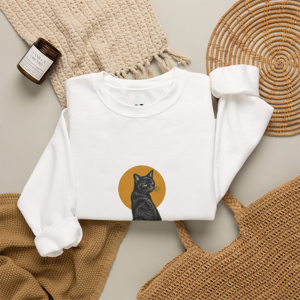 Model wearing the White Bad Luck? black cat sweatshirt, two-sided crewneck by Kindred Oddities