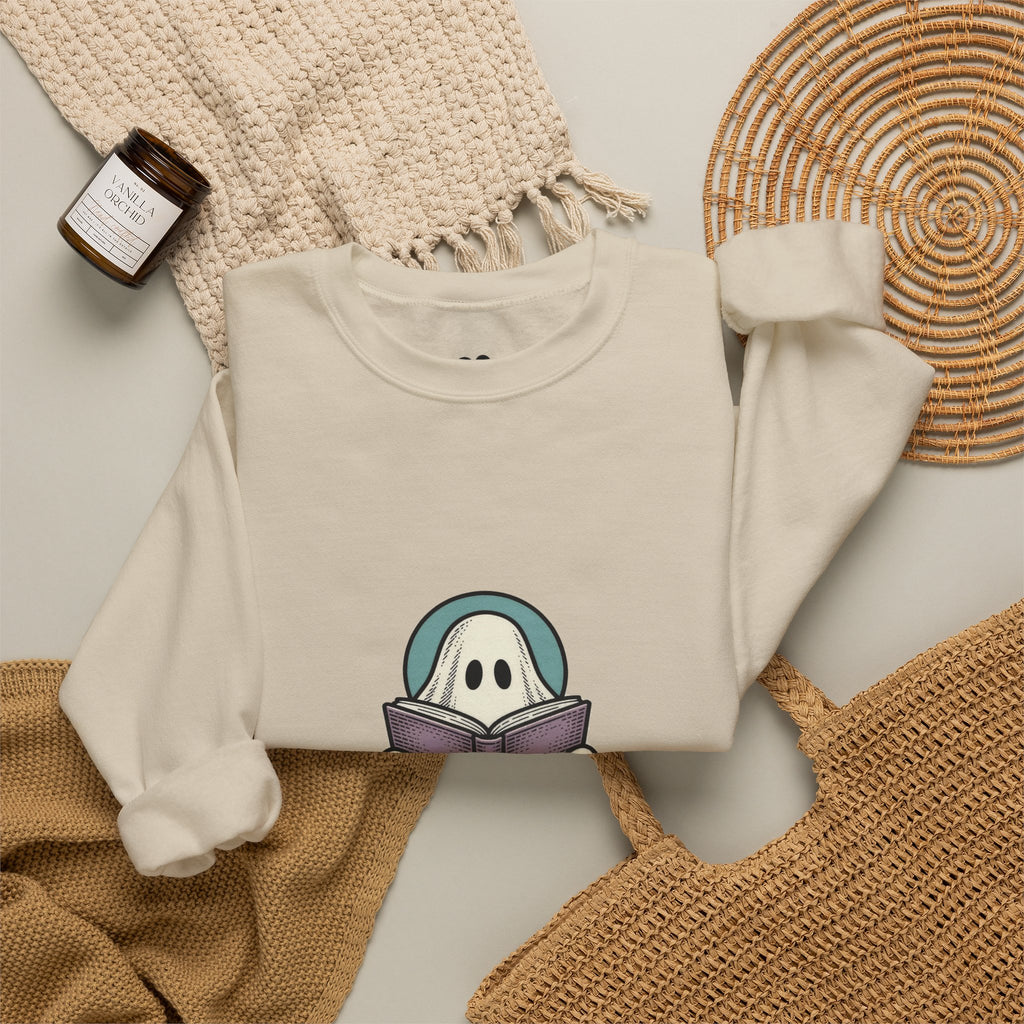Sand I'm Not Ignoring You ghost sweatshirt in a cozy flat lay with a candle and knit blanket