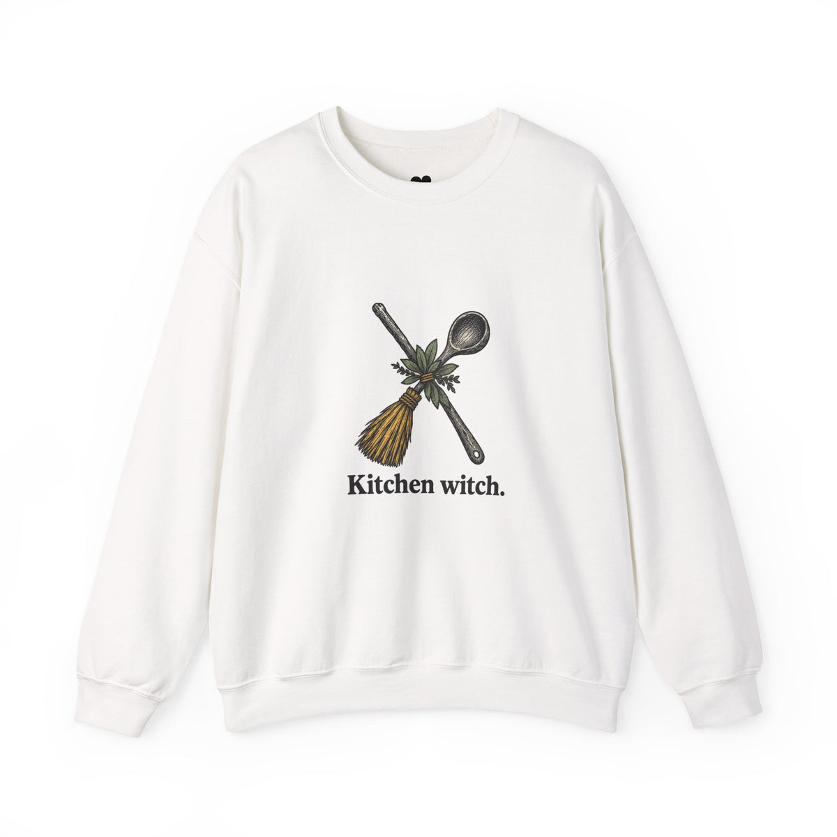 Kitchen Witch sweatshirt in White, front view with “Kitchen witch.” chest print
