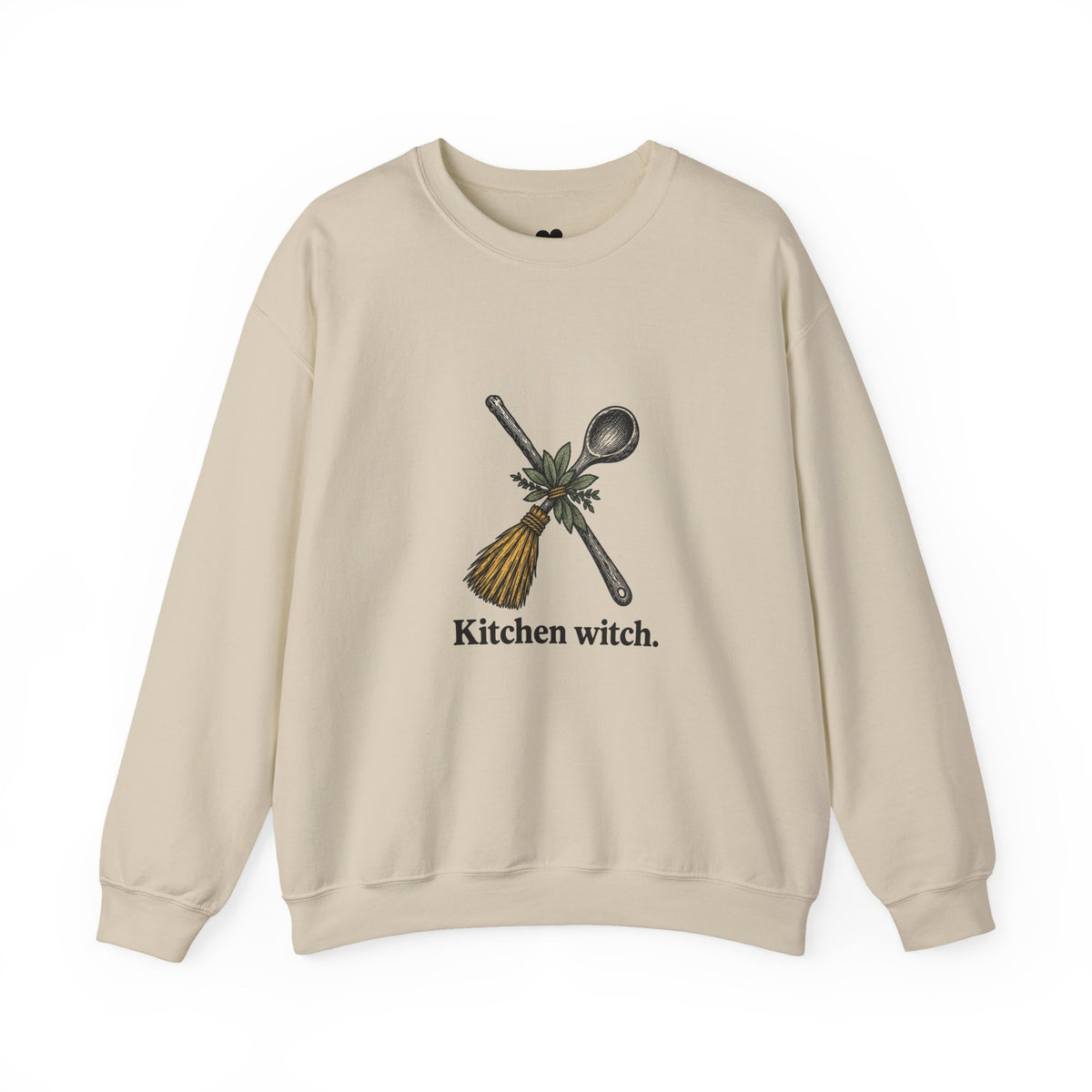 Kitchen Witch sweatshirt in Sand, front view with “Kitchen witch.” chest print