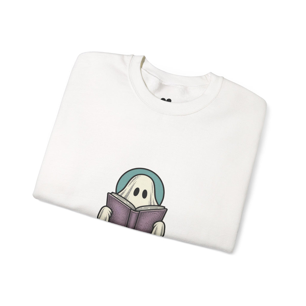 White I'm Not Ignoring You ghost sweatshirt folded, showing the ghost peeking over a book