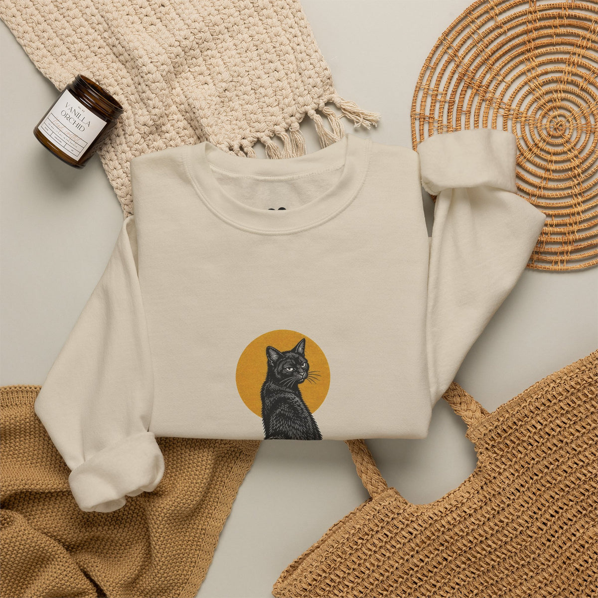 Model wearing the Sand Bad Luck? black cat sweatshirt, two-sided crewneck by Kindred Oddities
