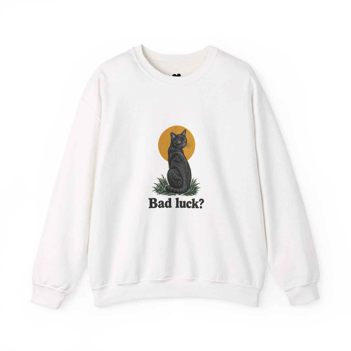 Bad Luck? black cat sweatshirt in White, front view with “Bad luck?” chest print