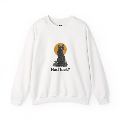 Bad Luck? black cat sweatshirt in White, front view with “Bad luck?” chest print