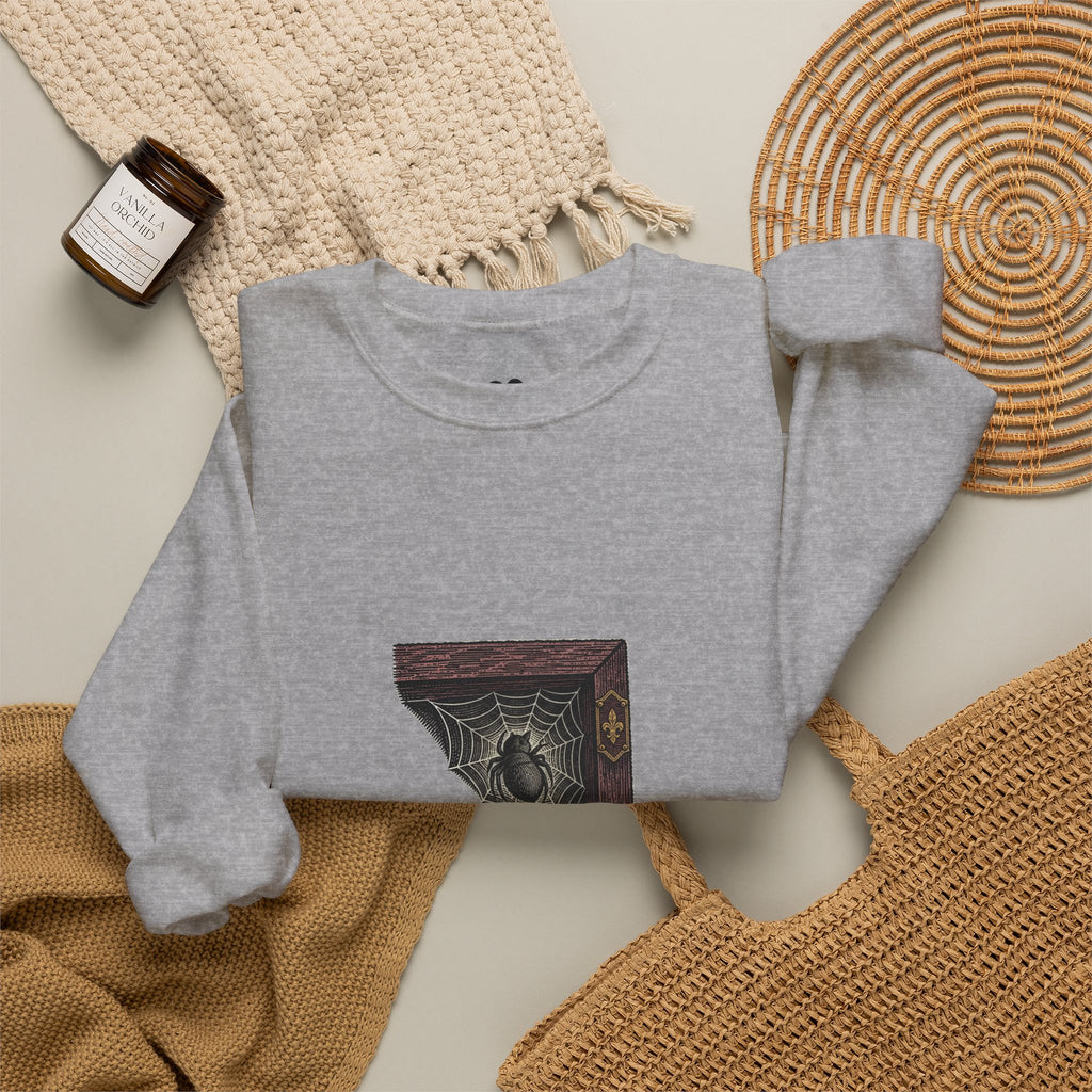 Model wearing the Sport Grey I'm Not Here to Socialize spider sweatshirt, two-sided crewneck by Kindred Oddities