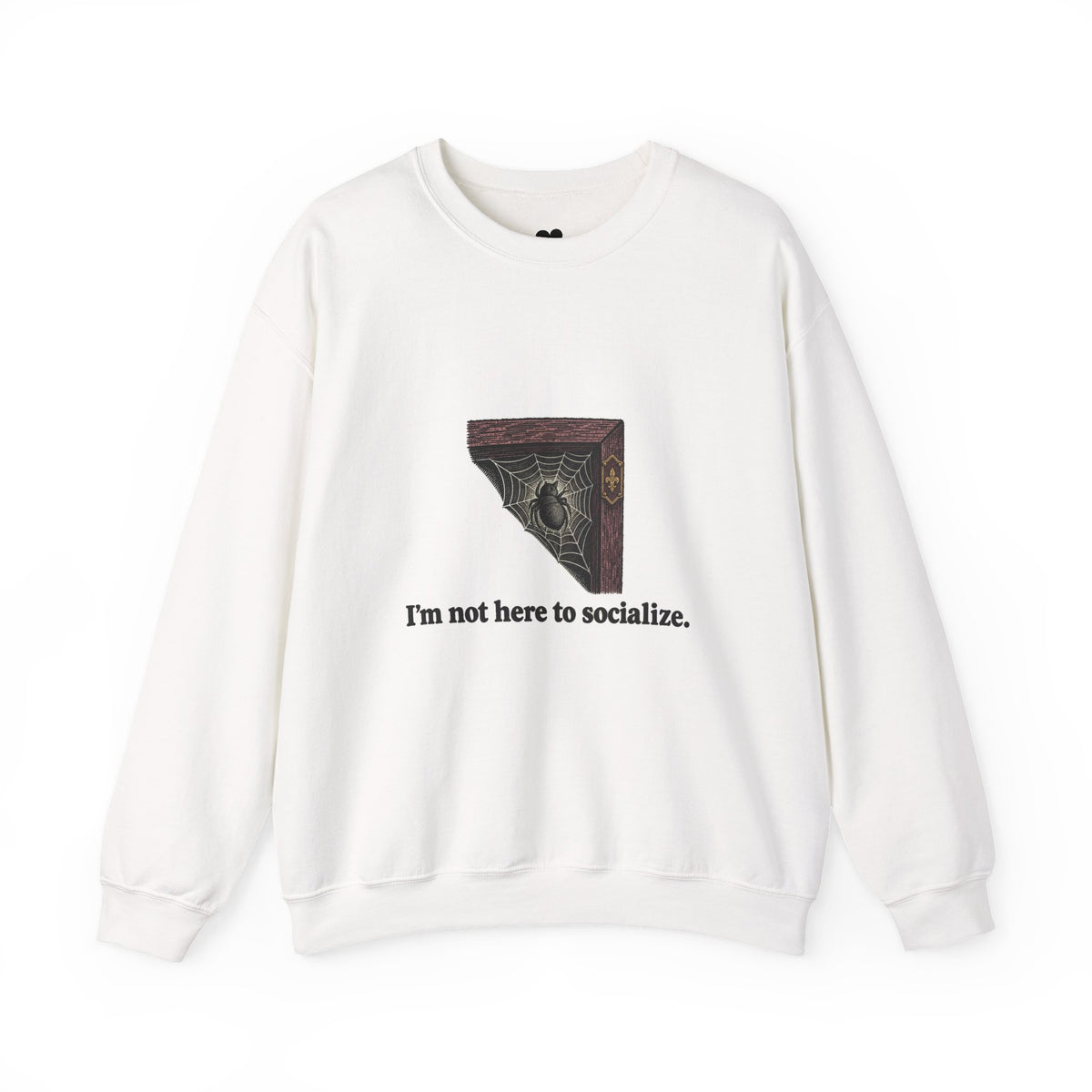 I'm Not Here to Socialize spider sweatshirt in White, front view with “I'm not here to socialize.” chest print
