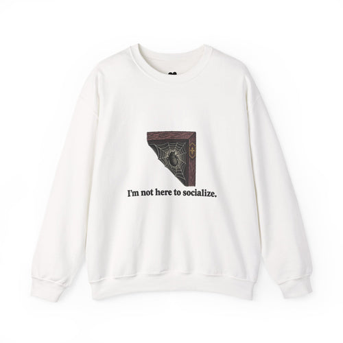 I'm Not Here to Socialize spider sweatshirt in White, front view with “I'm not here to socialize.” chest print