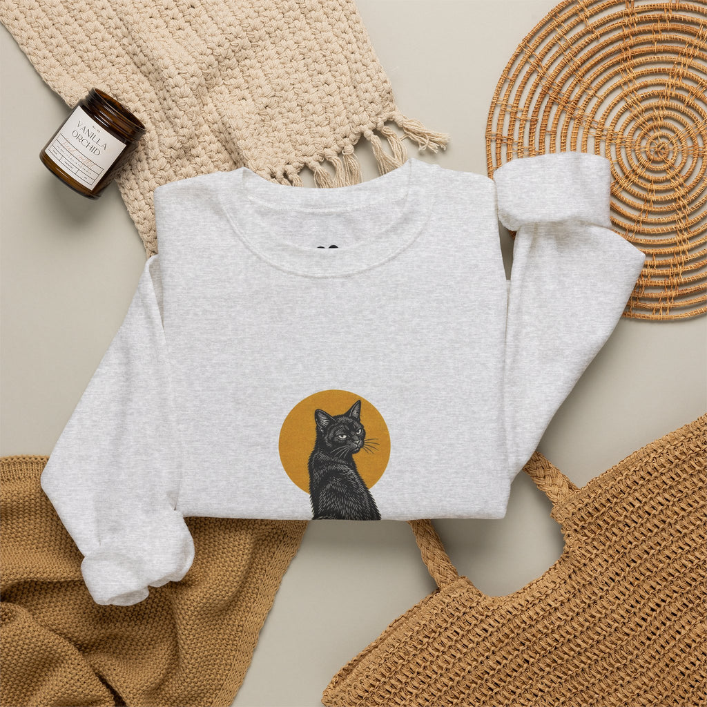 Model wearing the Ash Bad Luck? black cat sweatshirt, two-sided crewneck by Kindred Oddities